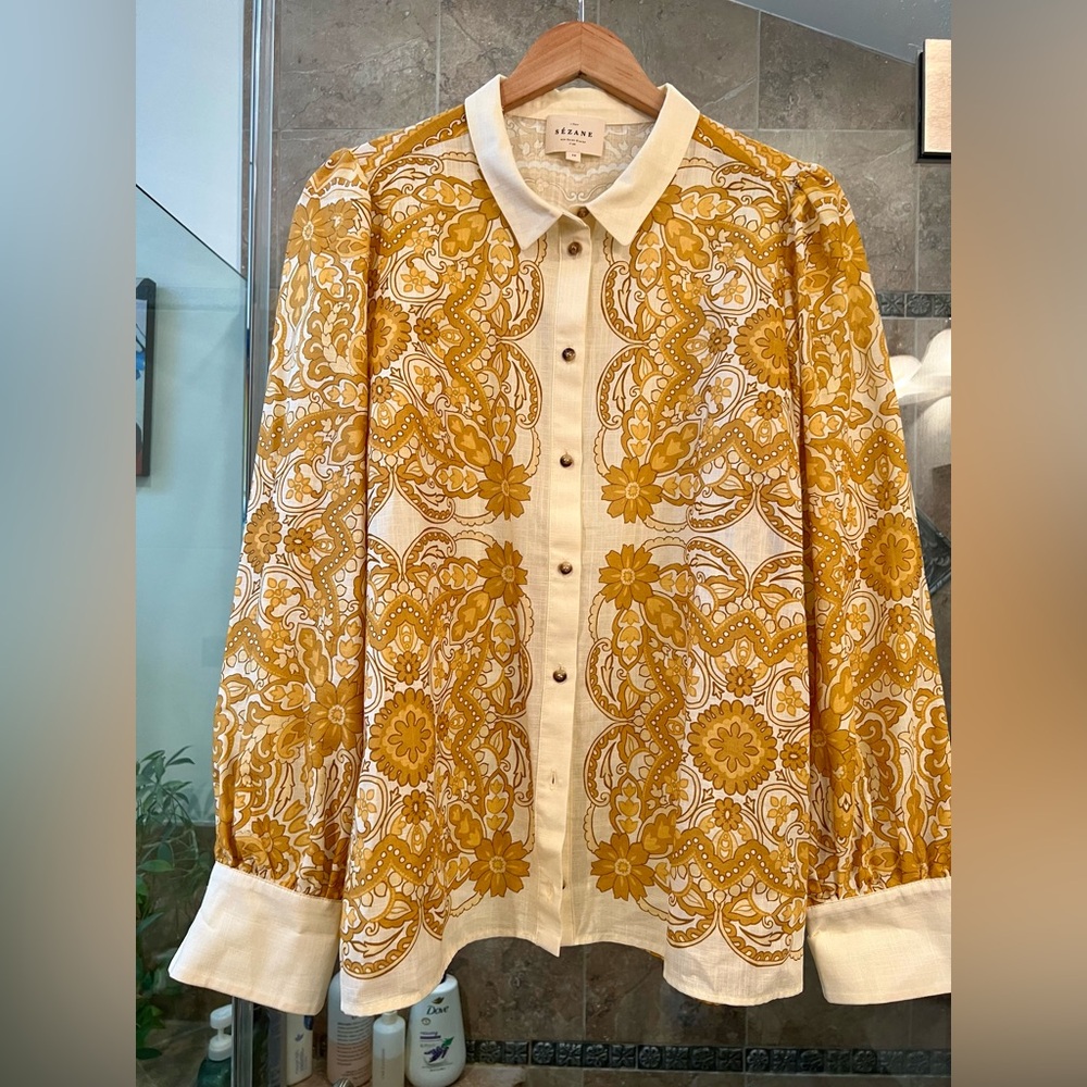 Sezane Yellow Floral Button Down Shirt